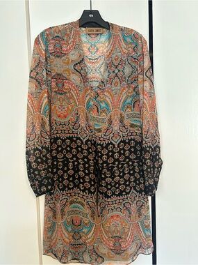 Karen Zambos Black and Multicolor Paisley Long Sleeve Sheer Dress